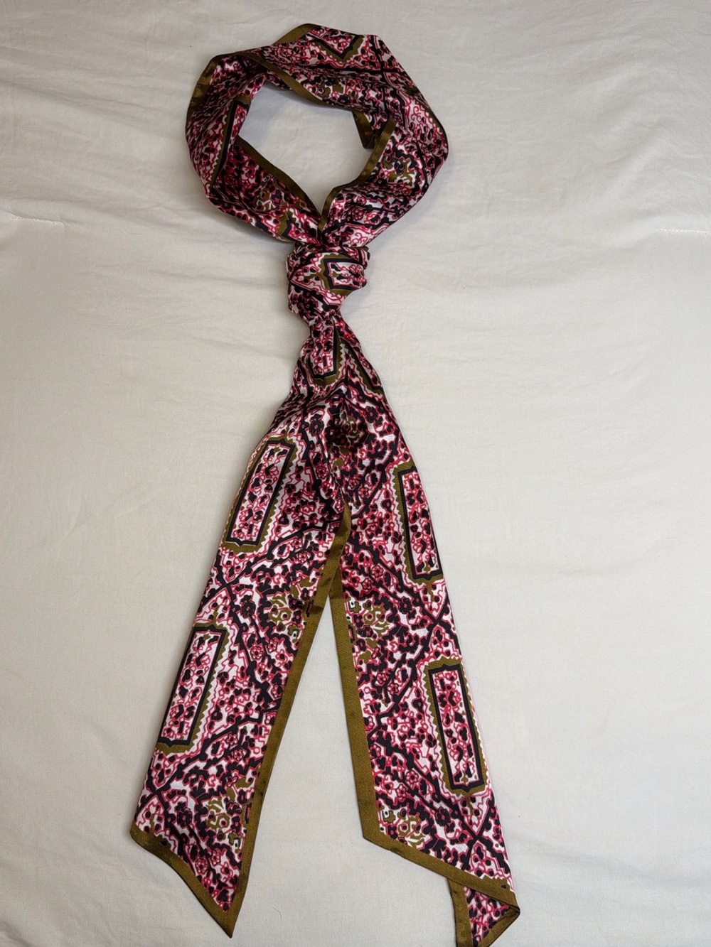 Long Skinny Paisley Print Scarf Pink Olive